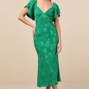 NWT Lulus Effervescent Afternoon Green Satin Flutter Sleeve Midi Dress - Size L